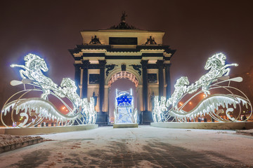 Christmas in Moscow. Christmas lighting decoration of the triumphal arch.