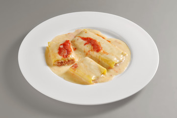 Plate with a portion of meat cannelloni