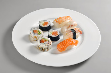 Round dish with a portion of sushi