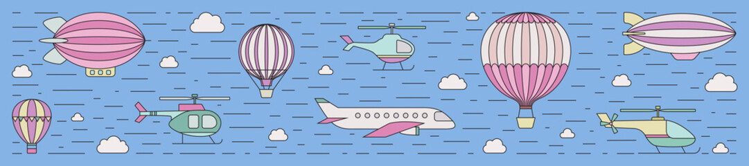 Air transportation outline horizontal illustration. Part four.
