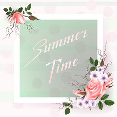Greeting card with roses, delicate buds, flowers, branches. Can be used as invitation card for wedding, birthday and other holiday and summer background. Vector illustration EPS10