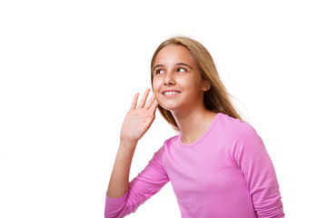 Fototapeta premium Picture of beautiful young girl listening sounds.Isolated