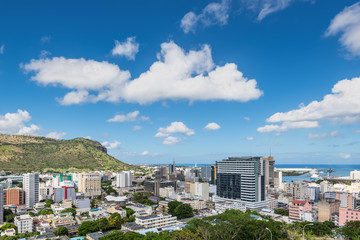 Port Louis Skyline - viewed from the fort Adelaide along the Indian Ocean in Mauritius capital city - obrazy, fototapety, plakaty
