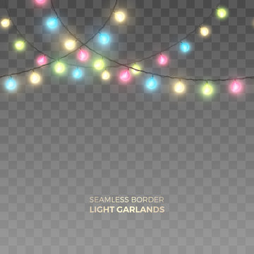 Vector horizontally seamless border of realistic colored light garlands. Festive decoration with shiny colorful Christmas lights. Glowing bulbs isolated on the transparent background.