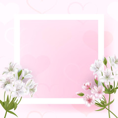 Beautiful square frame with flowers and pearls on black background for greeting card or invitation design.