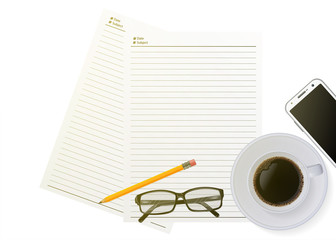 Fototapeta na wymiar Working desk table with notebook, pencil, smart phone, glasses and cup of coffee. Top view with copy space. vector illustration.