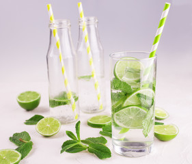 Detox water with lime and mint in glass.