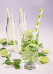 Detox water with lime and mint in glass.