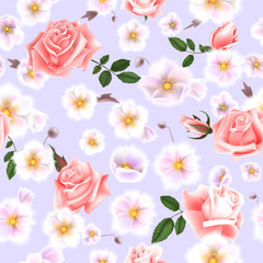 Roses seamless pattern. A bouquet of delicate flowers and twigs. Vector Illustration EPS10