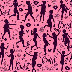 Seamless pattern silhouettes girl on pink background
