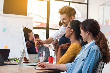 group of five multi generation of creative work place, modern style of work, entrepreneur group brainstorming multi generation of creative work place, modern style of work