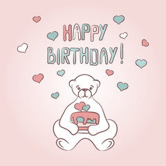 vector color simple sketch of  decorative bear with cake and words happy birthday