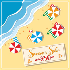 summer sale banner with umbrealla starfish and ball square