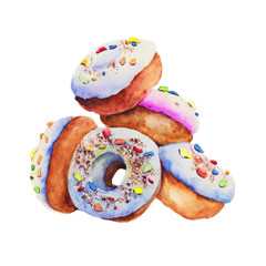 Bunch sweet donuts with glaze. Illustration isolated on white background. Hand drawn sketch watercolor.