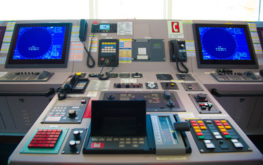 Control navigator panel room on the bridge of the ship.
