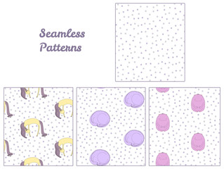 Set of hand drawn cute seamless vector patterns with sleeping magical creatures: monster, unicorn, curled up ragon, and stars on a white background.