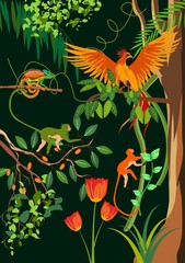 Jungle background with tropical birds, chameleon, monkeys vector illustration