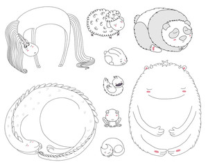 Set of hand drawn vector illustrations of cute sleeping animals: rabbit, curled up cat, dragon, duck, frog, big friendly monster, panda, sheep, unicorn.