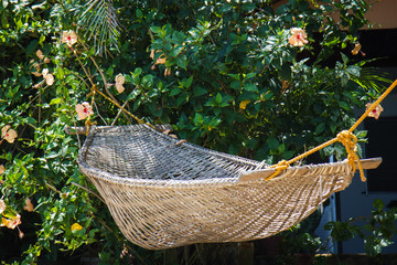 Obraz premium Closeup photo of hammock on tropical beach,San Vicente,Palawan Island, Philippines.
