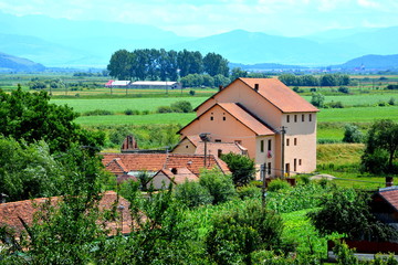 Fototapeta na wymiar Aerial view of the village Feldioara, Transylvania.