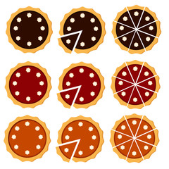 Homemade pie set with different fruit filling. Sliced pie with cream. Flat vector illustration isolated on white background. Top view.