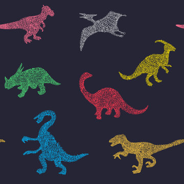 Vector Cartoon Pattern of colorful different dinosaur silhouette - Illustration  icon in cartoon scribble style