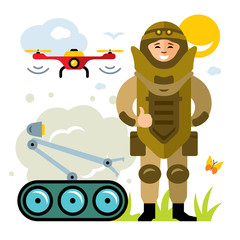 Vector Demolitions. Man in Bomb suit. Flat style colorful Cartoon illustration.