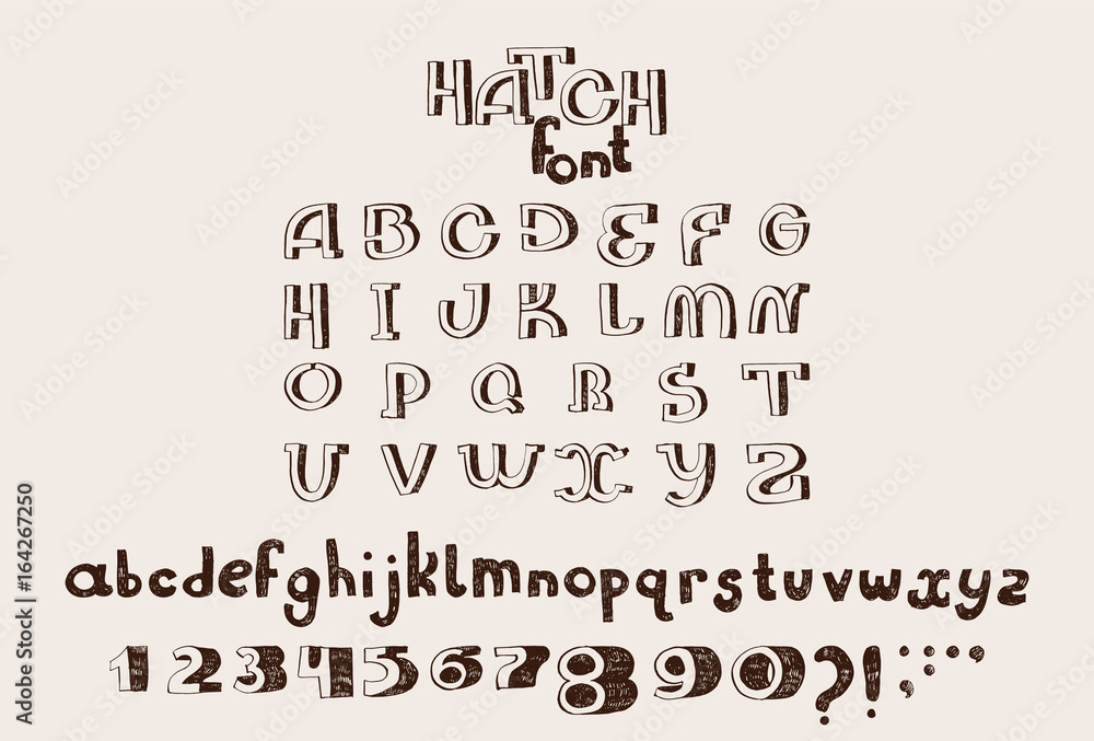 Poster Vector hand drawn english alphabet. Letters sequence from A to Z with capital and lowercase letters, numbers from 0 to 9 and punctuation marks. Isolated on background collection