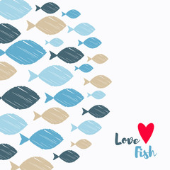 Postcard with fish. Strokes texture. Blue fish on a white background.