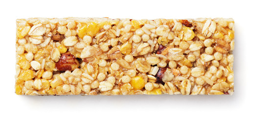 Top view of healthy granola bar (muesli or cereal bar) isolated on white background. Granola bar...