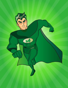 A cartoon superhero character with a green cape and costume and an leafs symbol on his chest