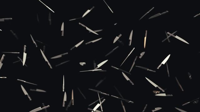 Seamlessly looping animation of kitchen knives floating against a black background.