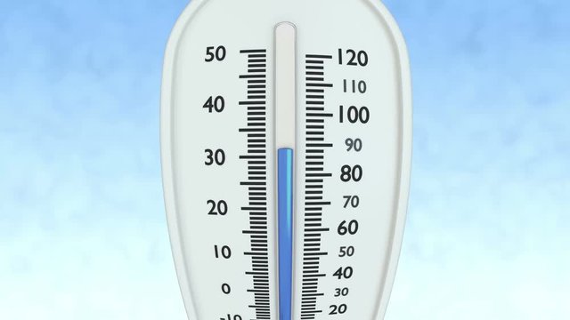 Thermometer with decreasing temperature on blue background.
Animation of blue mercury falling down in thermometer. Mask included.