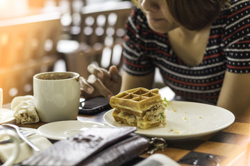 Waffle breakfast in a coffee shop