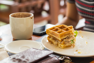 Waffle breakfast in a coffee shop