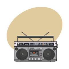 Old fashioned, retro style audio tape recorder, ghetto boom box from 90s, sketch vector illustration with space for text. Front view of hand drawn audio tape recorder, boom box