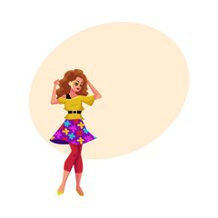 Woman, girl in 1980s style clothes, sweater, skirt and leggings, dancing disco, cartoon vector illustration with space for text. Woman in 80s style clothing dancing at retro disco party