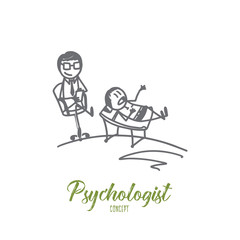 Psychologist concept. Hand drawn reception at the psychologist. Patient lying on couch while doctor is making notes isolated vector illustration.