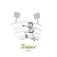 Trainer concept. Hand drawn trainer and football soccer tournament. Coach on the football field isolated vector illustration.