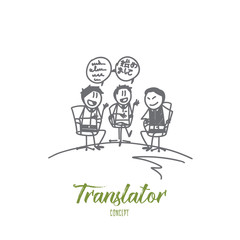 Translator concept. Hand drawn translator in negotiations. Interpreter and speakers isolated vector illustration.
