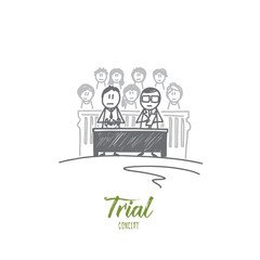 Trial concept. Hand drawn courtroom with people inside. Trial and judge isolated vector illustration.