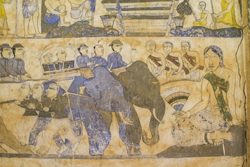 Naklejka premium Ancient Thai Isan mural painting, The scenes of religion and life of Thai Isan people, at Wat Yang Tuang Wararam, Buddhist Temple in Amphoe Borabu, Maha Sarakham, Thailand, on November 29, 2016
