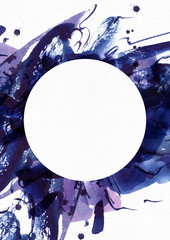 Large abstract watercolor background with white circle in center. Vivid blue and purple freehand brush stains, dots and spots on grainy white textured paper. Large raster illustration with textholder