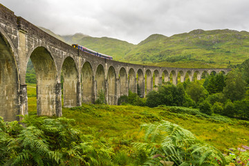 Fototapeta na wymiar Glenfinnan Viaduct from side on cloudy day with passing train