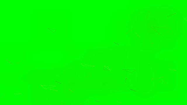 Intro video animation with wireframe cone rotating, exploding, recovery of original object, hexagonal frame. Movie on green screen