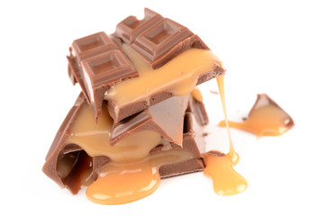 Chocolate with caramel on a white background