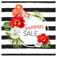Summer Sale Tropical Flowers Banner, for Discount Poster, Fashion Sale, backgrounds, in vector