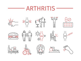 Arthritis. Symptoms, Treatment. Line icons set. Vector signs