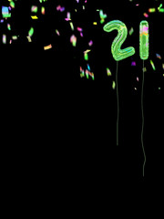 Foil style birthday balloons with confetti. Black background. 21.