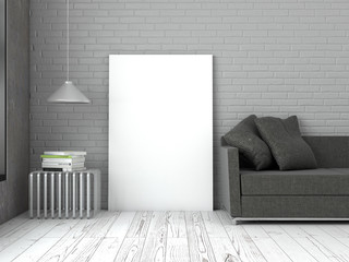 Modern Living room White Brick with frame on the floor